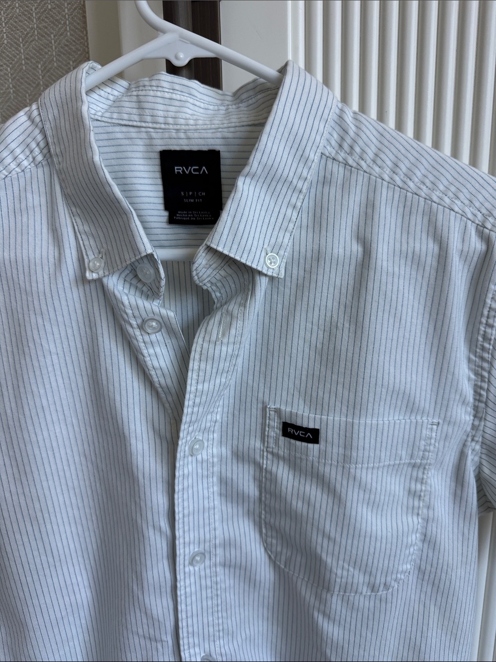 RVCA Men's White Shirt with Thin Blue Pinstripes